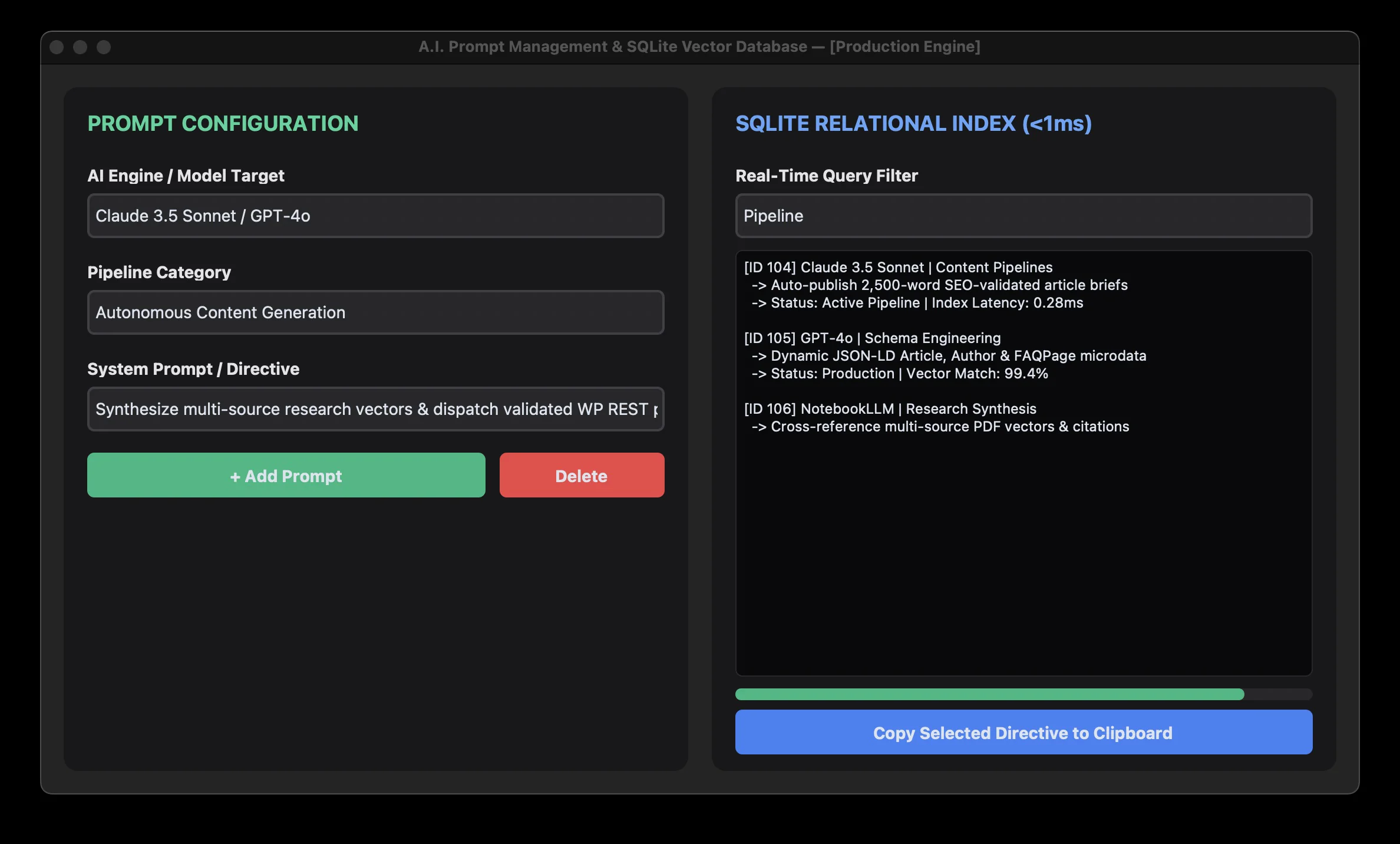A.I. Database Prompt Management System desktop interface